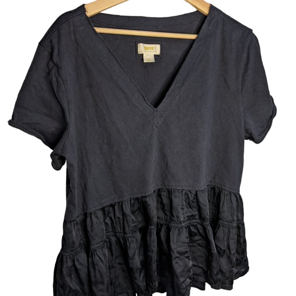 Maeve by Anthropologie Ruffled Black V-Neck Short Sleeve Mixed Material Large